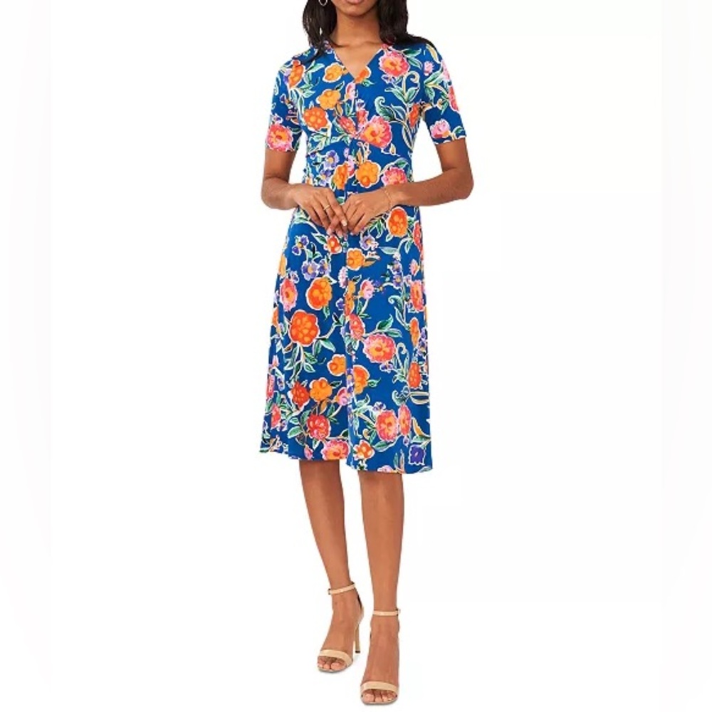 MSK PETITES Womens Blue Twist Front Pullover Short Sleeve Midi Dress Petites PM